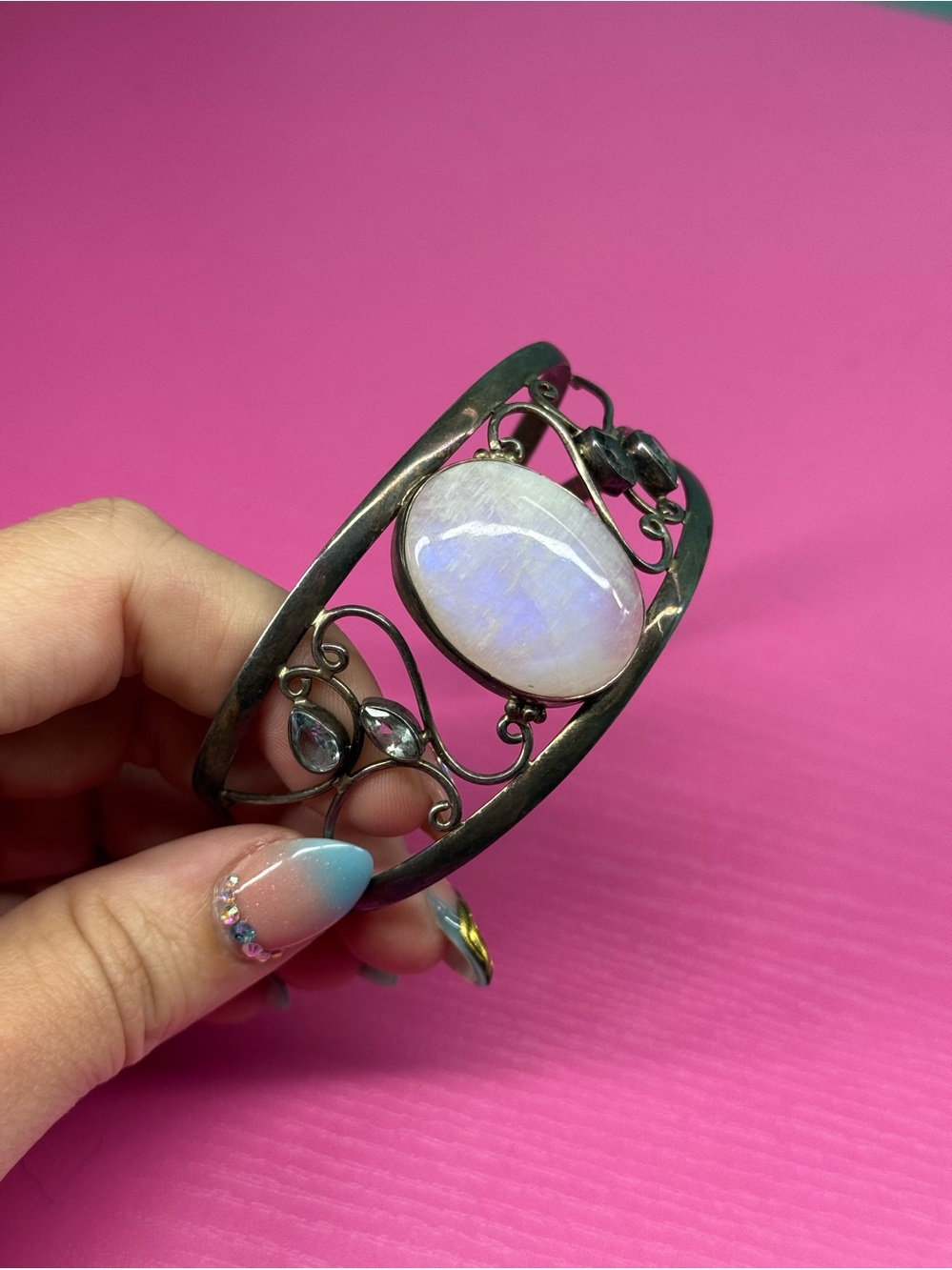 Statement Blue Flash Moonstone Aquamarine Sterling Silver Bangle Bracelet Cuff